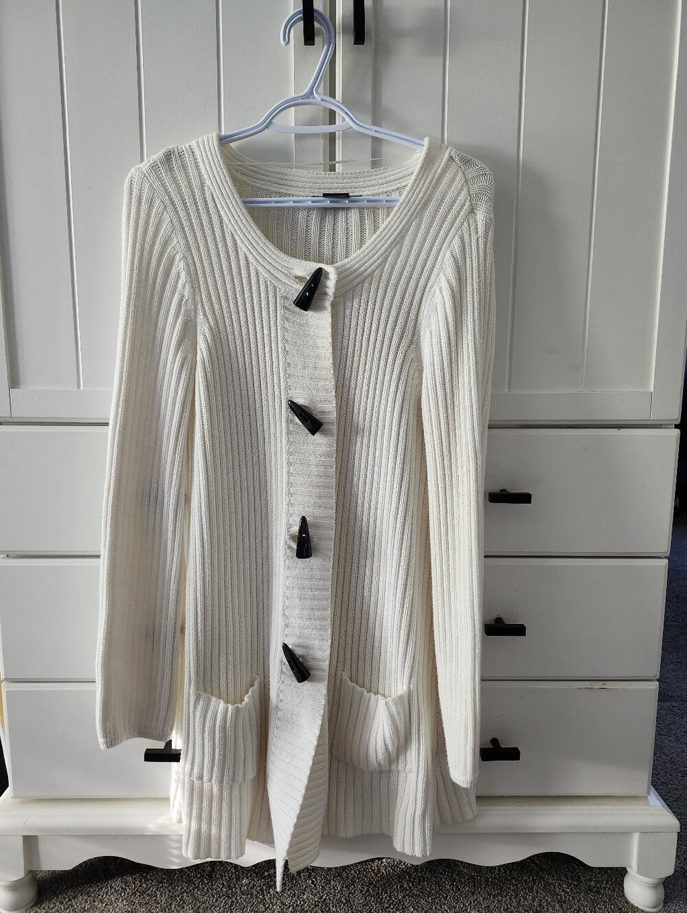 Cream Ribbed Knit Long Cardigan with Toggle Buttons Sz M